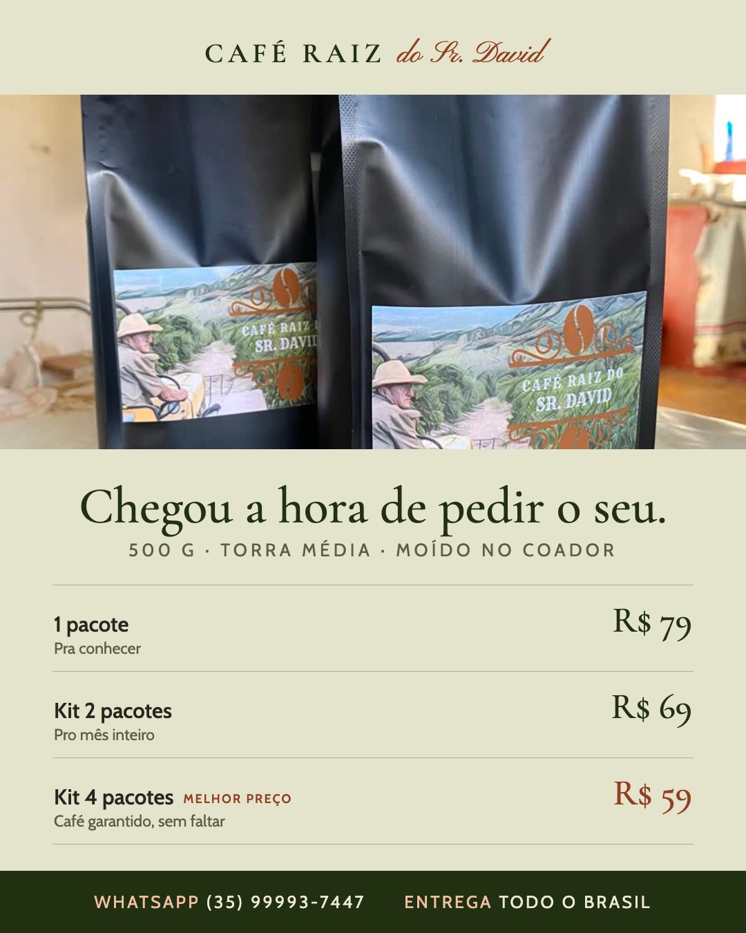 Arte de lançamento com as embalagens do Café Raiz